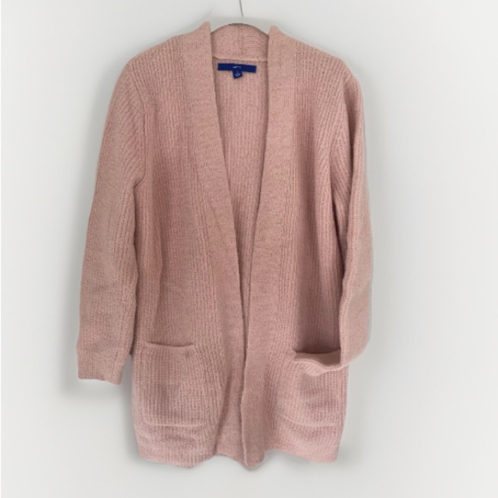 Open Front Cozy Ribbed Cardigan Deep Pockets Dusty Pink Sweater  Size Large